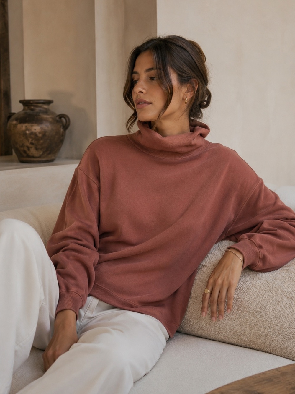 Jackson Rowe Modal Blend Turtleneck Sweatshirt Dusty Rose XS  Cozy Casual Fall